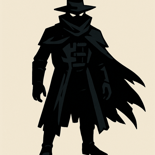 kılıçsız karanlık ve gizemli insansı bir kahraman şapkalı ve tüm vücudu görünüyor.
In-Game asset.  2d.  High contrast.  No shadows