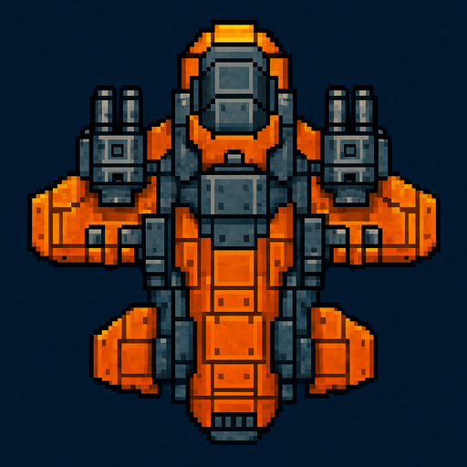 Бронированный летающий корабль звездолет пиксельный вид сверху 2д.
In-Game asset.  2d.  High contrast.  No shadows