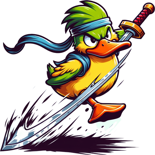 cartoon fantasy yellow duck warrior slash long sword movement.
Single Game Texture.  In-Game asset.  2d.  Blank background.  High contrast.  No shadows