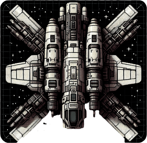 Космолет с оружием и видом с верху.
Single Game Texture. In-Game asset. 2d. Blank background. High contrast. No shadows.