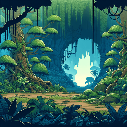 A animated image of prehistoric jungle with a cave.
Single Game Texture. In-Game asset. 2d. Blank background. High contrast. No shadows.