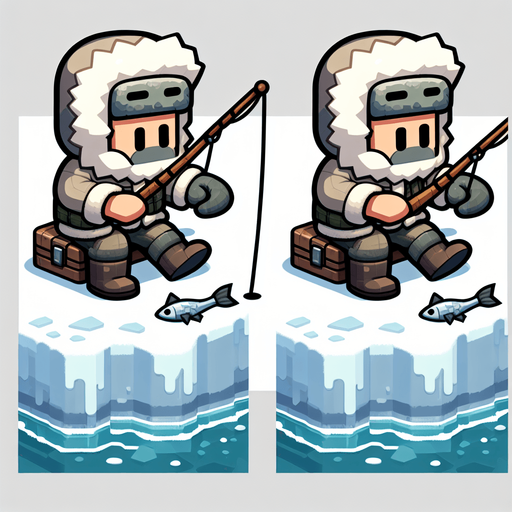 Мультяшный рыбак зимой сидит рыбачит.
Single Game Texture.  In-Game asset.  2d.  Blank background.  High contrast.  No shadows
