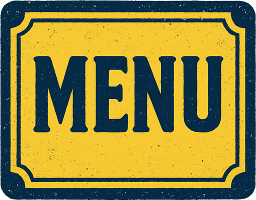 Menu yazan yatay bir resim oluştur . Arka Planı olmasın . Sarı Lacivert bir resim olsun.  retro temada olsun.
In-Game asset.  2d.  High contrast.  No shadows