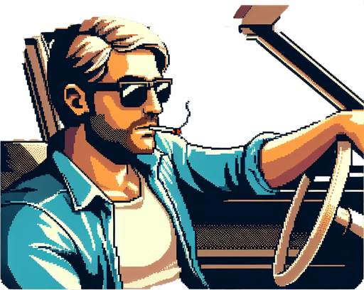 cool looking driver leaned back and holding a car wheel as if he's driving. 30 years old. vintage retro 1980 style. 3/4 view. pixelated. 8 bit. Single Game Texture. In-Game asset. 2d. Blank background. High contrast. No shadows.