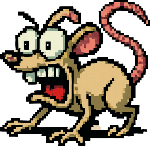 Raton tipo pixel art earthworm jim, la personalidad del ratón debe ser frenética asustadizo como la de ten de ten y stimpy, debe estar en cuatro patas.
In-Game asset.  2d.  High contrast.  No shadows