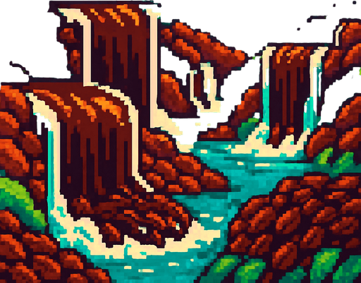 paisage con cascadas de cafe de pixeles.
In-Game asset.  2d.  High contrast.  No shadows
