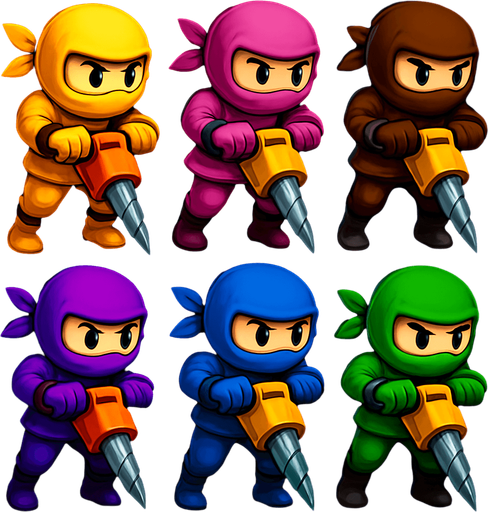 Same images of ninjas characters with digg machine but showing both legs. HD color
