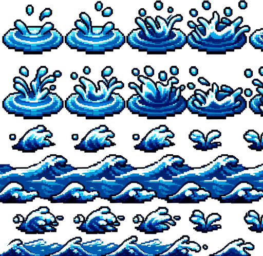 A sprite sheet of different water ripples.
Single Game Texture. In-Game asset. 2d. Blank background. High contrast. No shadows.