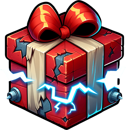 a electrified destroyed christmas present, cartoon Single Game Texture. In-Game asset. 2d. Blank background. High contrast. No shadows.