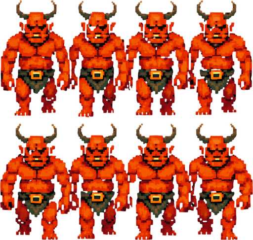 A walking sprite sheet for demonic ogre. Front perspective. Retro PC pixel. 
In-Game asset.  2d.  High contrast.  No shadows