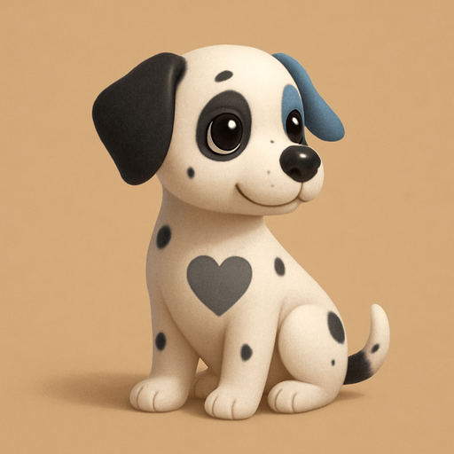 A white dog with black spots on him and one ear black and one ear blue. Make it a sitting dog with a heart grey hole in the middle of the body and make it SOOOO  cute with big cute eyes with shines in them and make the dog facing right.
Kinda 3d. Some Shadows.