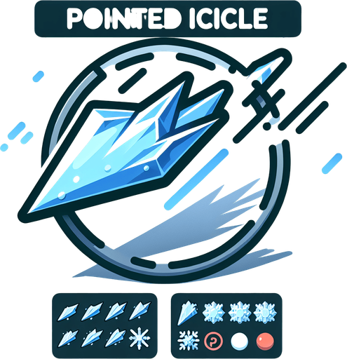 Icon for a very speedy icicle, on a circle, with the text „pointed Icicle“ at top, cartoon Single Game Texture. In-Game asset. 2d. Blank background. High contrast. No shadows.