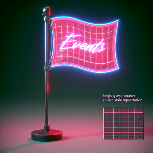 retro cyberpunk pole flag in neon colors with the words 'events' on it..
Single Game Texture. In-Game asset. 2d. Blank background. High contrast. No shadows.