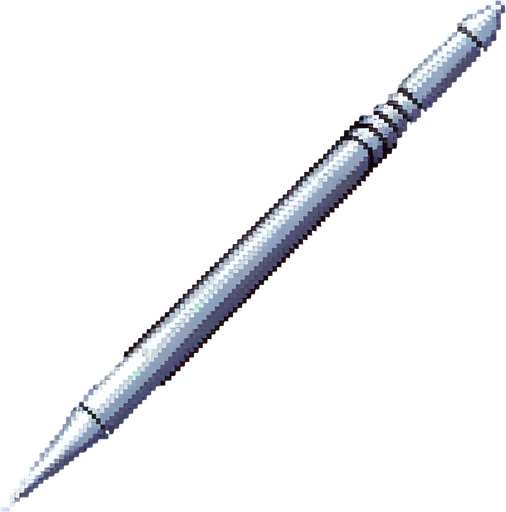 pixelart. a javelin used for olympic games and athletics. Just the spear itself, horizontally laid out in the image. It should be a slim metal spear, pointy in both ends, and with a grip somewhere off center of the shaft..
Single Game Texture. In-Game asset. 2d. Blank background. High contrast. No shadows.