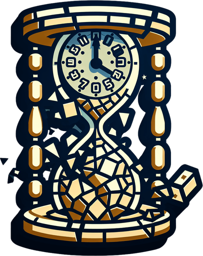 A clock face or hourglass that is visibly cracked or shattering. Could also be a die symbol mid-roll or showing multiple faces at once..
Single Game Texture.  In-Game asset.  2d.  Blank background.  High contrast.  No shadows