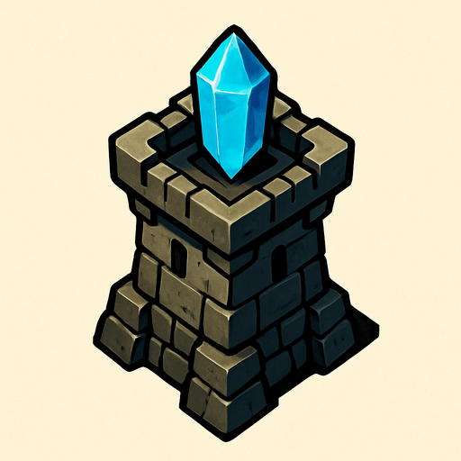 torre con cristal encima desde arriba.
In-Game asset.  2d.  High contrast.  No shadows