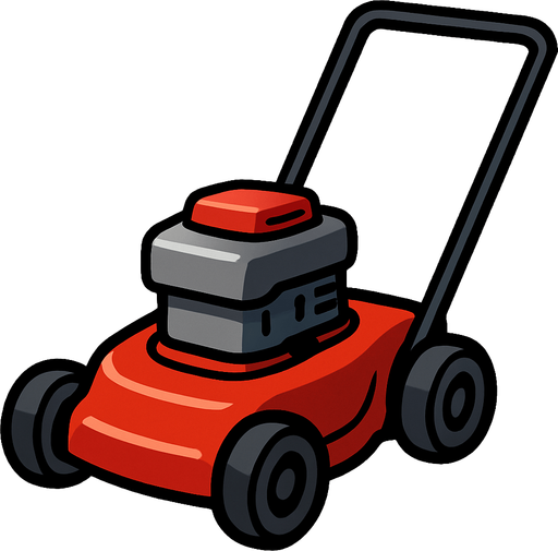 Una podadora de césped compacta y robusta, predominantemente de color rojo vibrante. Tiene un motor gris con una tapa roja en la parte superior. Cuenta con cuatro ruedas pequeñas y oscuras, y un mango largo y negro en forma de "U" invertida que se extiende hacia atrás..
In-Game asset.  2d.  High contrast.  No shadows