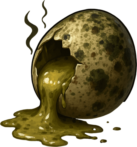 A high-resolution digital illustration of a rotten egg cracked open on one side, oozing a viscous, yellowish-green yolk and albumen. The shell is mottled with dark brown and green mold spots, with wisps of faint greenish gas rising. Textured detail on the shell’s rough, pitted surface, with subtle drips and splatters. Moody, low-key side lighting casts dramatic shadows and highlights the glossy, decaying textures. Semi-realistic style.
In-Game asset.  2d.  High contrast.  No shadows