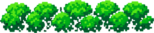 A long horizontal line of low bushes. Top down view. 80s arcade machine graphics..
In-Game asset.  2d.  High contrast.  No shadows