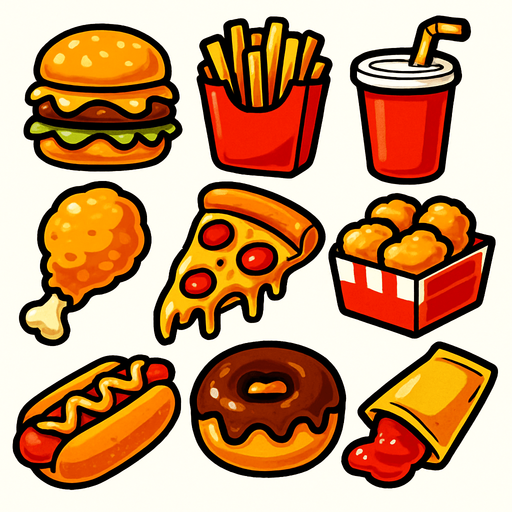 an image for each cell that is food theme based and fat and greasy and fast food.
In-Game asset.  2d.  High contrast.  No shadows