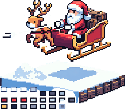 pixelart. christmas. santa in sleigh. from the side. flying. Single Game Texture. In-Game asset. 2d. Blank background. High contrast. No shadows.