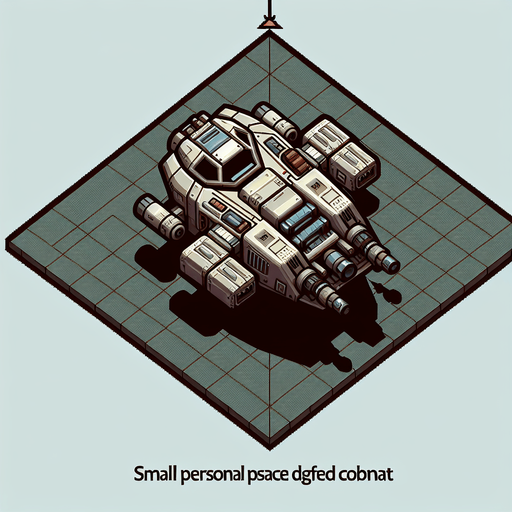 Top down view of Small personal space fighter with large gun at the front.
Single Game Texture. In-Game asset. 2d. Blank background. High contrast. No shadows.