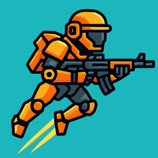 tentara robot terbang sambil memegang senjata rifle. side scroll view.
In-Game asset.  2d.  High contrast.  No shadows