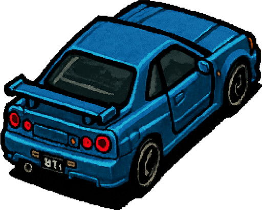 nissan gtr r34, seen from rear right

Top-down, gta2, Single Game Texture. In-Game asset. 2d. Blank background. High contrast. No shadows.isometric