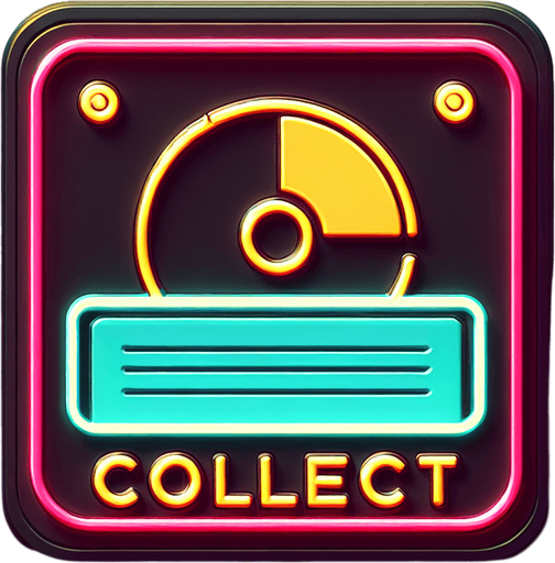 retro sign with the word collect and a datadisk symbol in neon colors...
Single Game Texture. In-Game asset. 2d. Blank background. High contrast. No shadows.