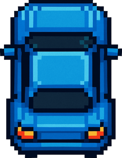 Üstten görünümlü pixel araba.
In-Game asset.  2d.  High contrast.  No shadows