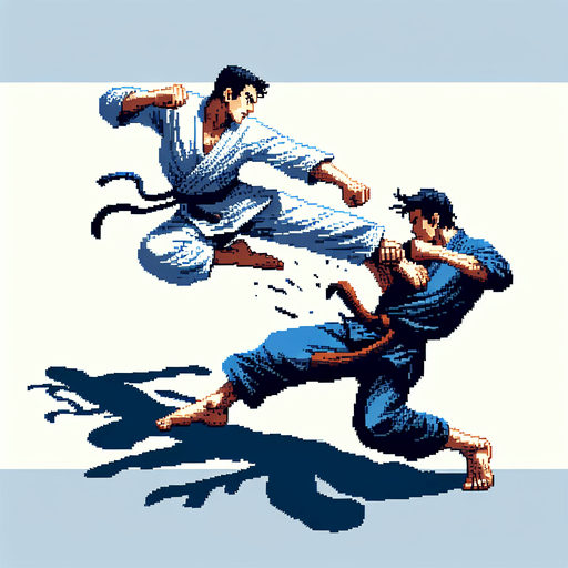 martial arts background fight scene.
Single Game Texture. In-Game asset. 2d. Blank background. High contrast. No shadows, detailed pixel art style