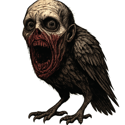 a bird with a human face but make it horrifying and real.
In-Game asset.  2d.  High contrast.  No shadows