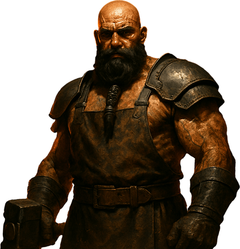 A towering warrior-blacksmith with soot-covered muscles and iron gauntlets, standing before a blazing forge. Male, 47 years old, bald with a thick black beard braided with iron rings, dark brown eyes, and deeply tanned, scarred skin. Wearing a leather apron and iron shoulder guards, wielding a massive smith-hammer. Sparks fly around him. Realistic, highly detailed, fiery forge setting. realistic.
In-Game asset.  2d.  High contrast.  No shadows