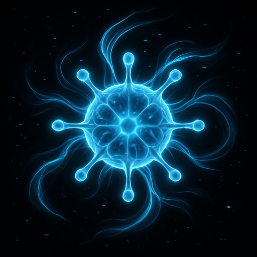 sleek spectral virus entity, flowing energy trails, ghostly and translucent, topdown view, neon blue and white accents, glitch particles, sci-fi, circular, symmetrical.
In-Game asset.  2d.  High contrast.  No shadows