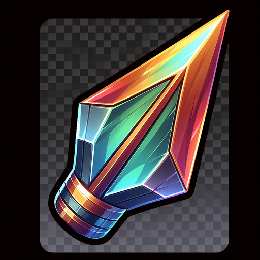 A 2D flat digital illustration of a sharp and colorful cartoonish sleek arrow tip, designed for a mobile archery game. The arrow tip should be metallic (steel or iron), with subtle gradients for a polished look. It should have a pointed triangular shape with a slightly stylized, game-friendly appearance, matching the clean, minimal aesthetic of vector-based graphics. Use a transparent background and ensure it's facing upward. Resolution: 512x512.".
Single Game Texture.  In-Game asset.  2d.  Blank background.  High contrast.  No shadows