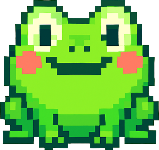 La rana debe ser un personaje simpático de color verde brillante, con ojos grandes y expresivos que miran al frente, mejillas redondeadas y una sonrisa divertida; su cuerpo debe ser compacto y ligeramente ovalado, con patas traseras marcadas pero no exageradas, diseñada en estilo pixel art, y puede tener una pequeña animación de parpadeo o un leve rebote para darle vida; el fondo debe ser transparente y el estilo visual debe coincidir con un juego colorido y casual..
In-Game asset.  2d.  High contrast.  No shadows