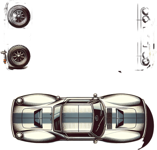 generate a picture of a classic car. view from top. Vertical direction Single Game Texture. In-Game asset. 2d. Blank background. High contrast. No shadows.