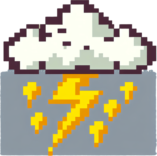 8-bit cloud with lightning. in game asset. white cloude. yellow lighning. Single Game Texture. In-Game asset. 2d. Blank background. High contrast. No shadows.