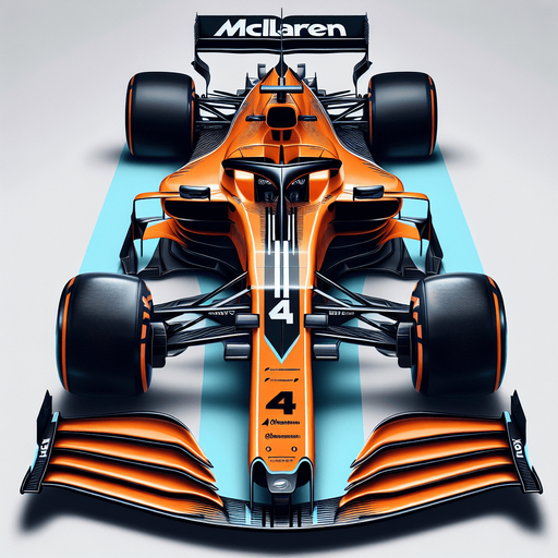 Photorealistic F1 McLaren race car, Top view. 
Orange coloured body and black thick stripe with white Chrome text where the o letter is Google chrome logo. 
Skyblue lines on nose sides. 
Silver 4 number on nose. 
Black OKX text on rear wing.
