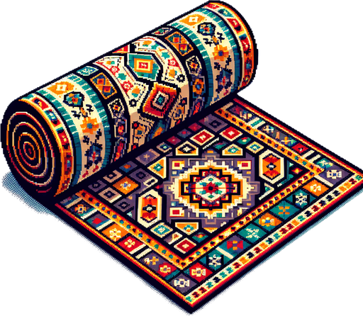 vertically standing rolled up arabic rug.
Retro gaming style