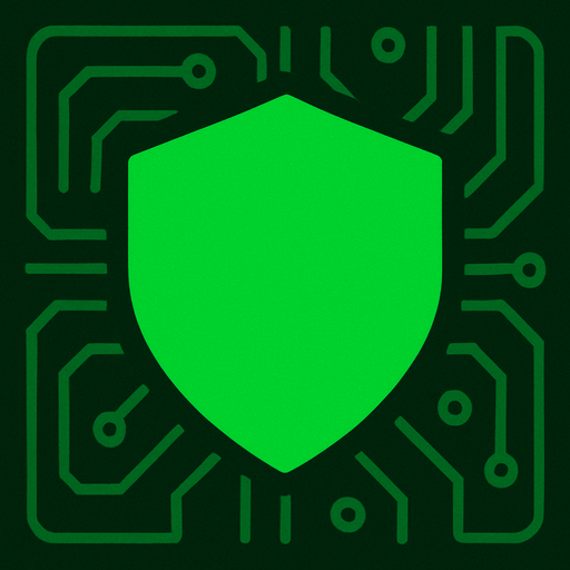 Green, simple shield icon, clean minimal futuristic design, top-down view, 76x76 pixels, matches sci-fi circuit board theme, no text, no glow, no effects, just flat shape.
In-Game asset.  2d.  High contrast.  No shadows
