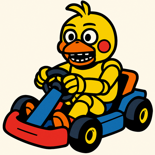 Un pollo amarillo animatronico en un kart.
In-Game asset.  2d.  High contrast.  No shadows