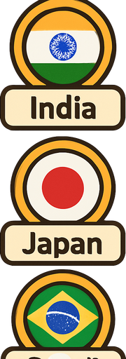 A flat, 2D game UI-style asset showing a vertical set of three country pins labeled: "India", "Japan", and "Brazil". Each pin includes a circular flag icon above the text label. The layout is columnar, cartoonish, and visually clean. Each pin should be exportable or usable individually for a mobile game's level selection screen..
In-Game asset.  2d.  High contrast.  No shadows