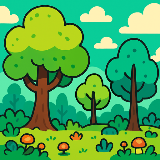 fond d'écran forêt mignonne.
In-Game asset.  2d.  High contrast.  No shadows