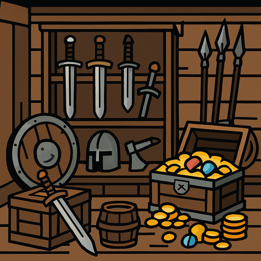 Eski kılıçlı silahlar ve cevherlerin vs. olduğu uzaktan bakış depo alanı..
In-Game asset.  2d.  High contrast.  No shadows