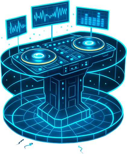 Una torre que es una mesa de DJ futurista y auto-programable, flotando sobre el suelo. Tendría múltiples pantallas holográficas que muestran complejos patrones de ondas sonoras y datos. Los platos serían discos de energía giratorios que emiten luz y chispas, y la torre en sí podría estar rodeada por un campo de fuerza o una rejilla de luz..
In-Game asset.  2d.  High contrast.  No shadows