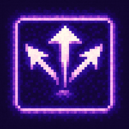 Pixel art of a violet power-up icon with three small arrows or projectiles spreading outward. Represents multishot power in a retro-style game. Glowing, pixelated square icon.
In-Game asset.  2d.  High contrast.  No shadows