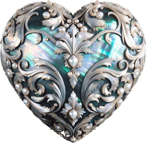 Large precious heart in mother-of-pearl, lightly ornate.
Front view.