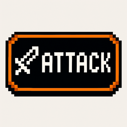 Black button with an orange outline that says "attack" and has a sword icon, pixel art.
In-Game asset.  2d.  High contrast.  No shadows