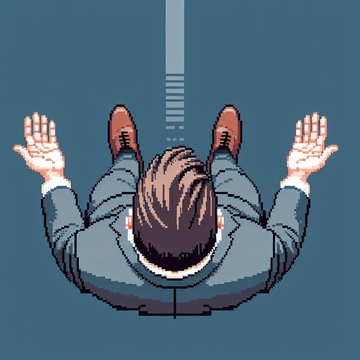 Directly overhead, plumb view of a business man heading top (we see his back). walinkg. empty hands..
Zenith view, directly overhead, plumb view. NOT PERSPECTIVE!. Pixel art